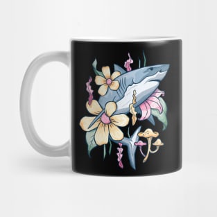 Shark Explores Underwater Floral Forest - Tattoo Style Design Mug